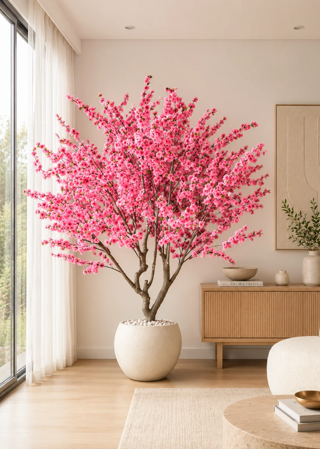 Artificial Pink Blossom Tree in White Planter
