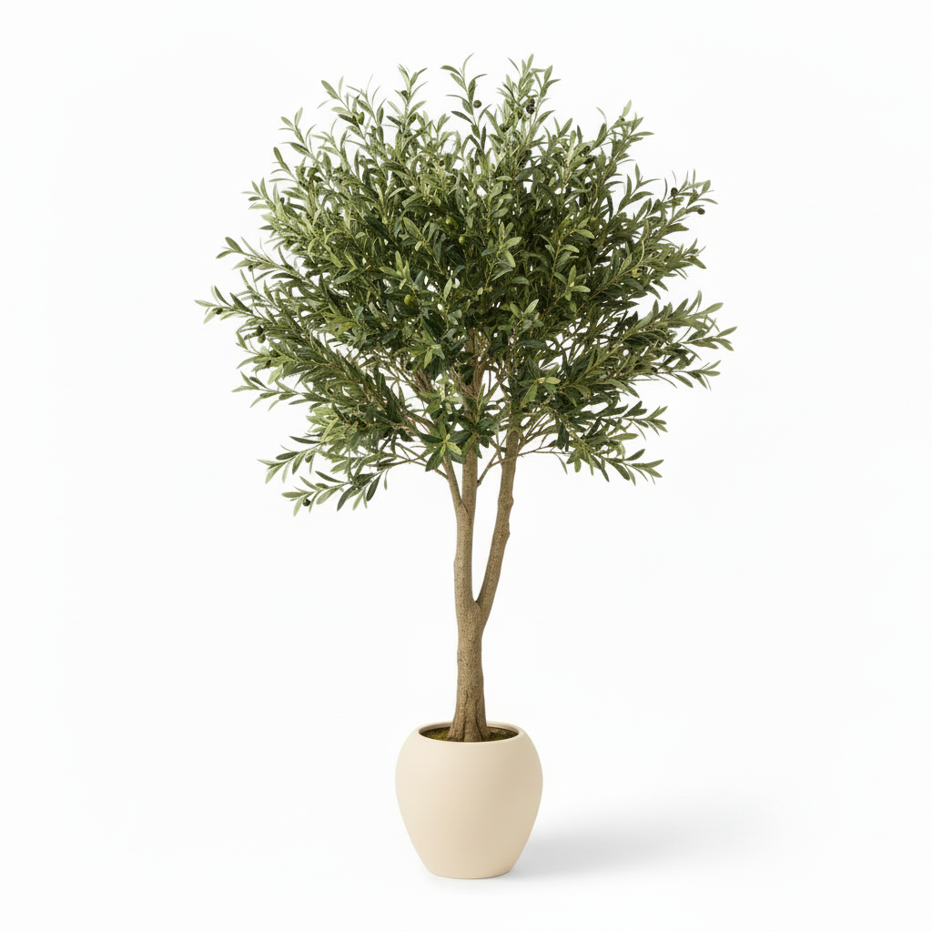 Front view of medium artificial olive tree in warm-white planter