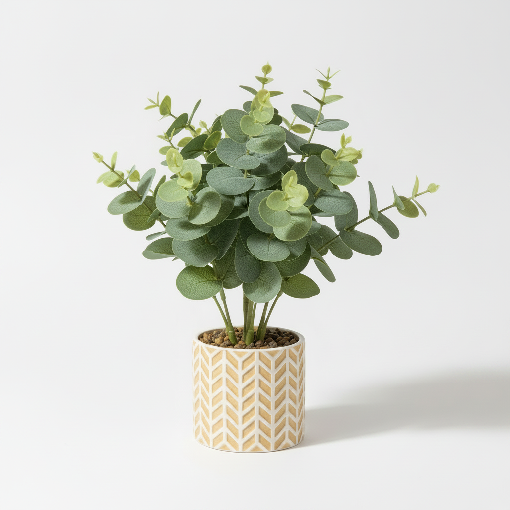 Front view of medium artificial tabletop eucalyptus in warm-white pot