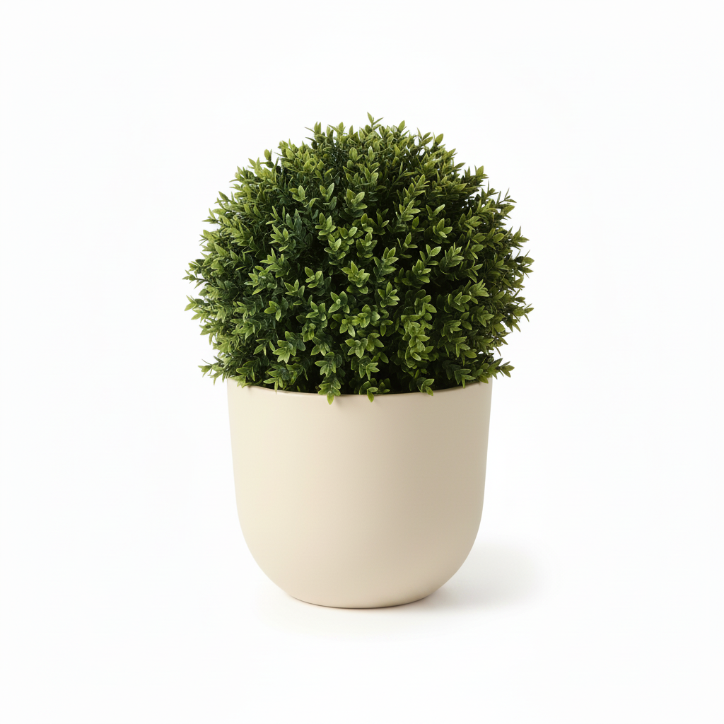 Right angle of medium artificial boxwood shrub in warm-white planter