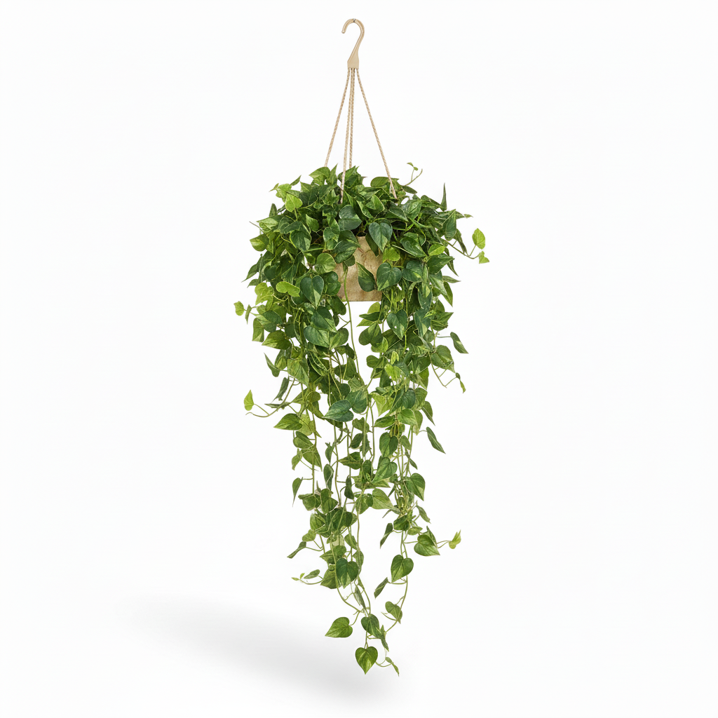 Front view of medium artificial hanging pothos in warm-white pot