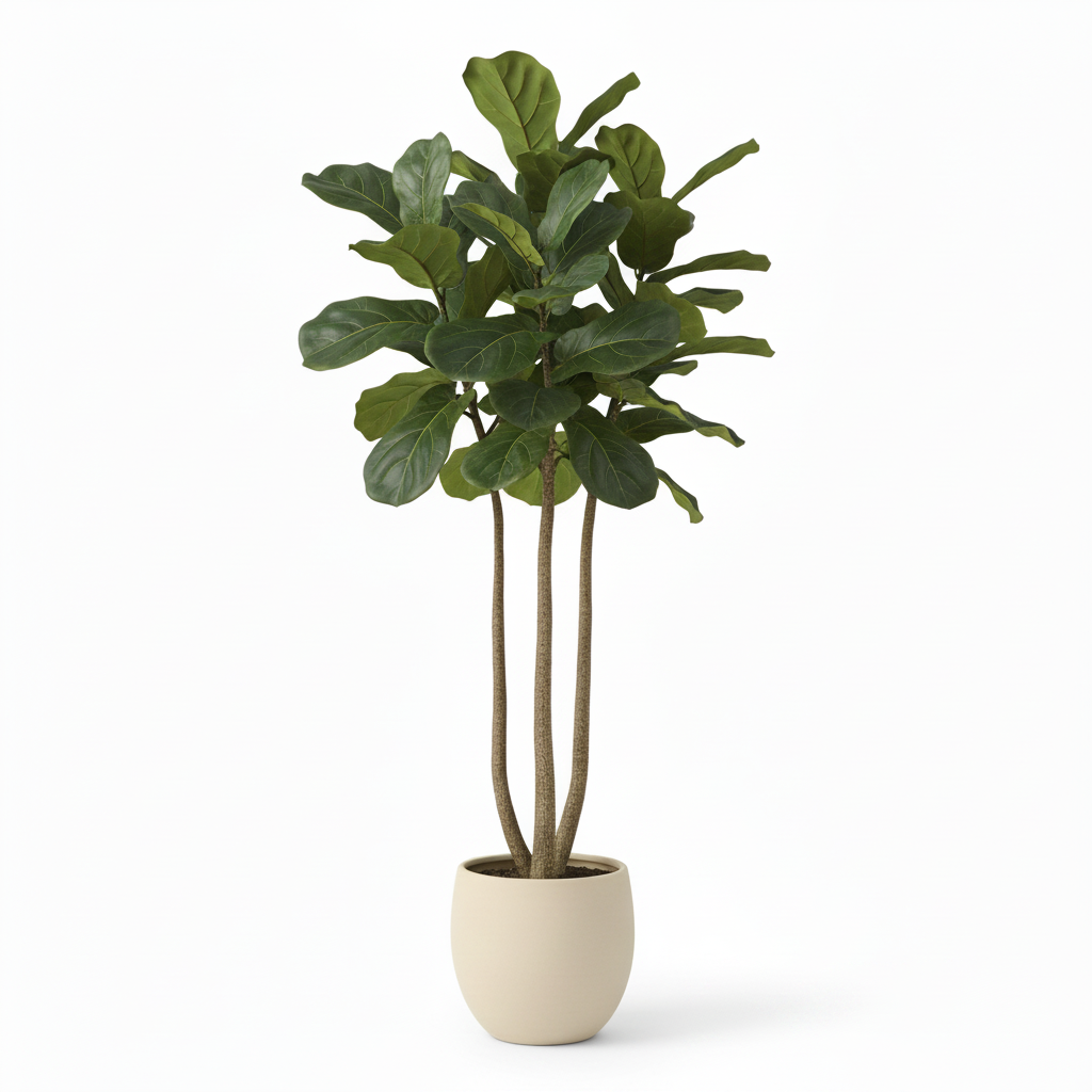Right angle of medium artificial fiddle leaf fig in warm-white planter