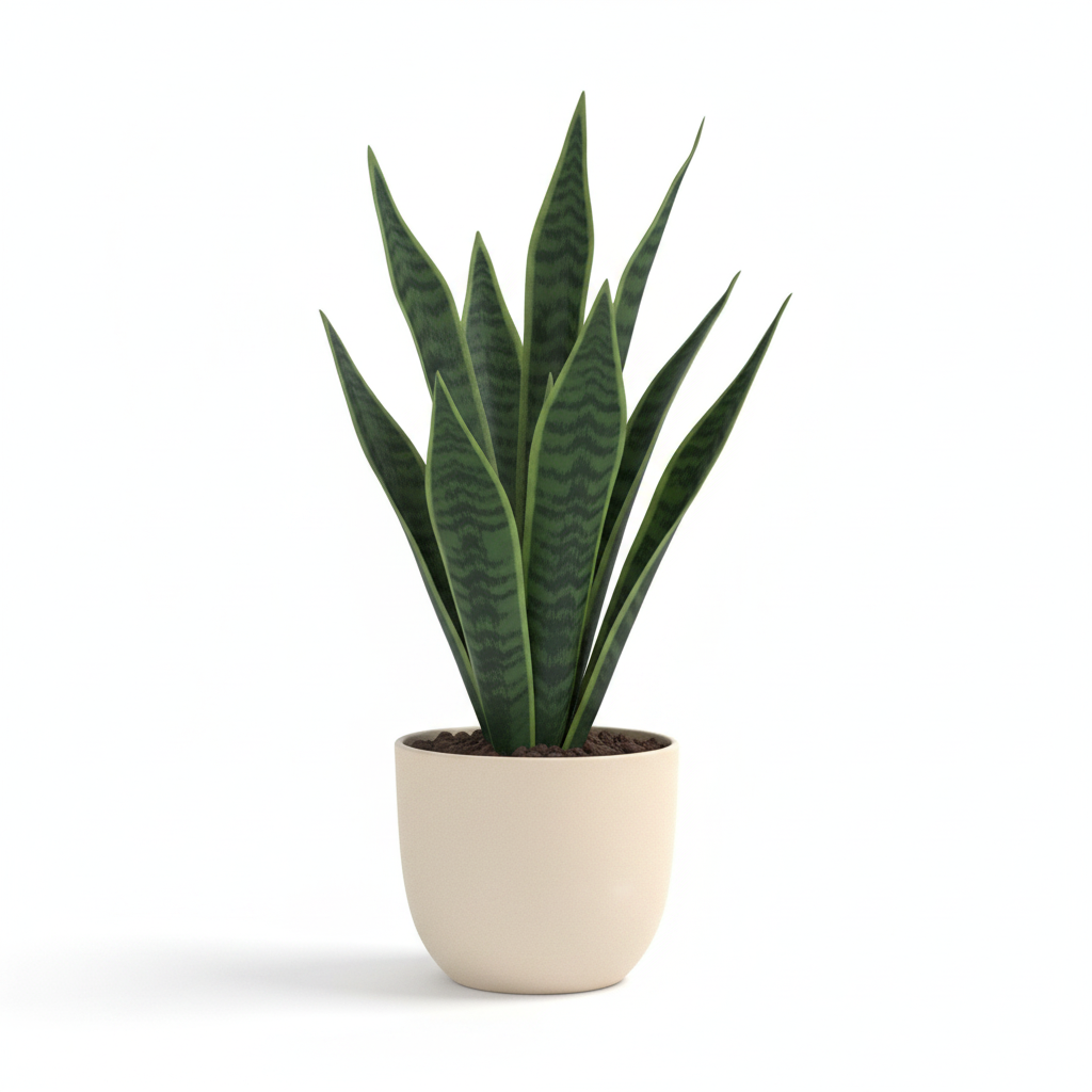 Medium artificial tabletop snake plant in warm-white pot on white background