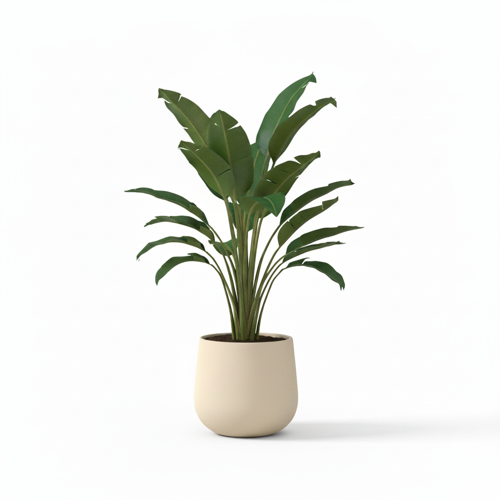 Front view of medium artificial bird of paradise in warm-white planter