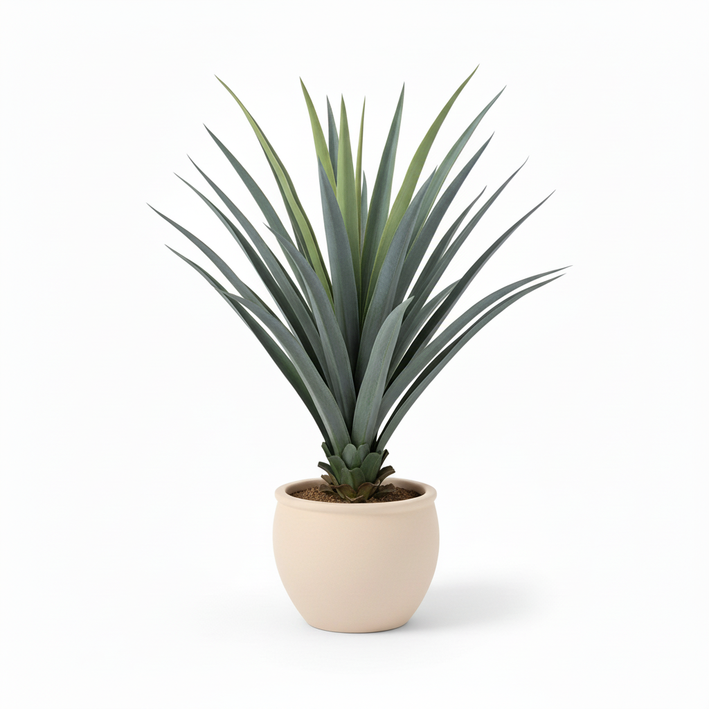 Left angle of medium artificial potted agave in warm-white planter