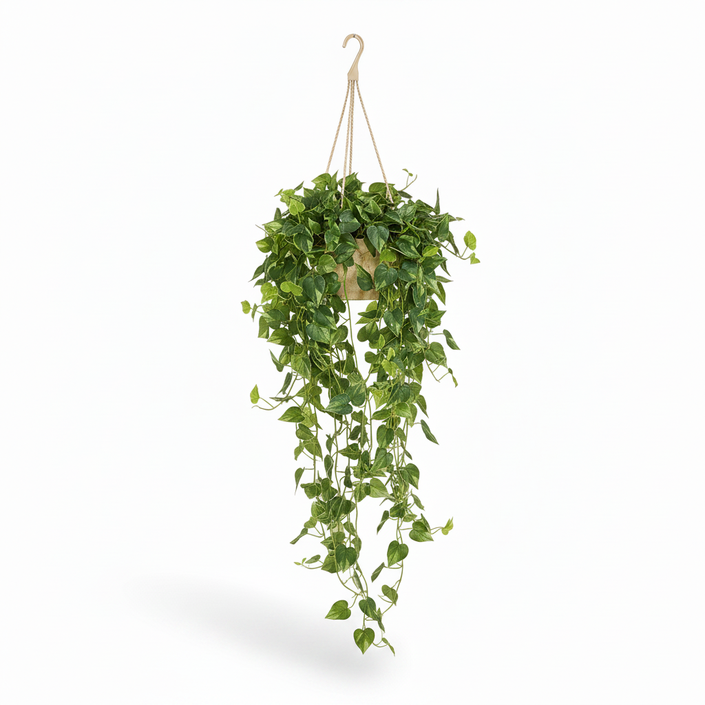 Left angle of medium artificial hanging pothos in warm-white pot