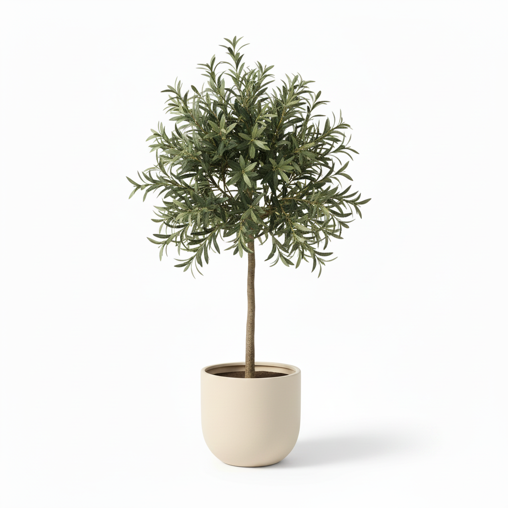 Left angle of medium artificial olive shrub in warm-white planter