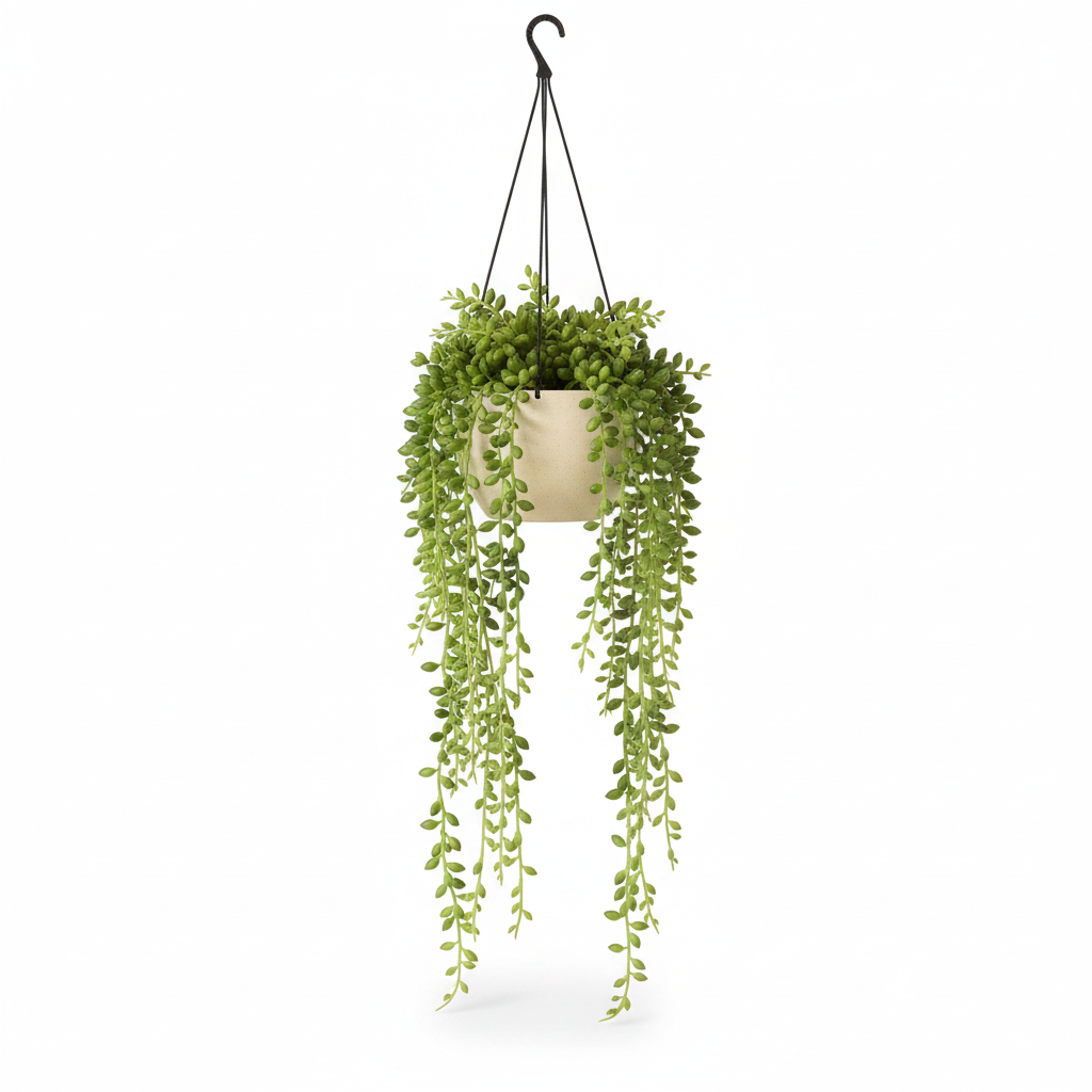 Medium artificial string of pearls in warm-white hanging pot on white background