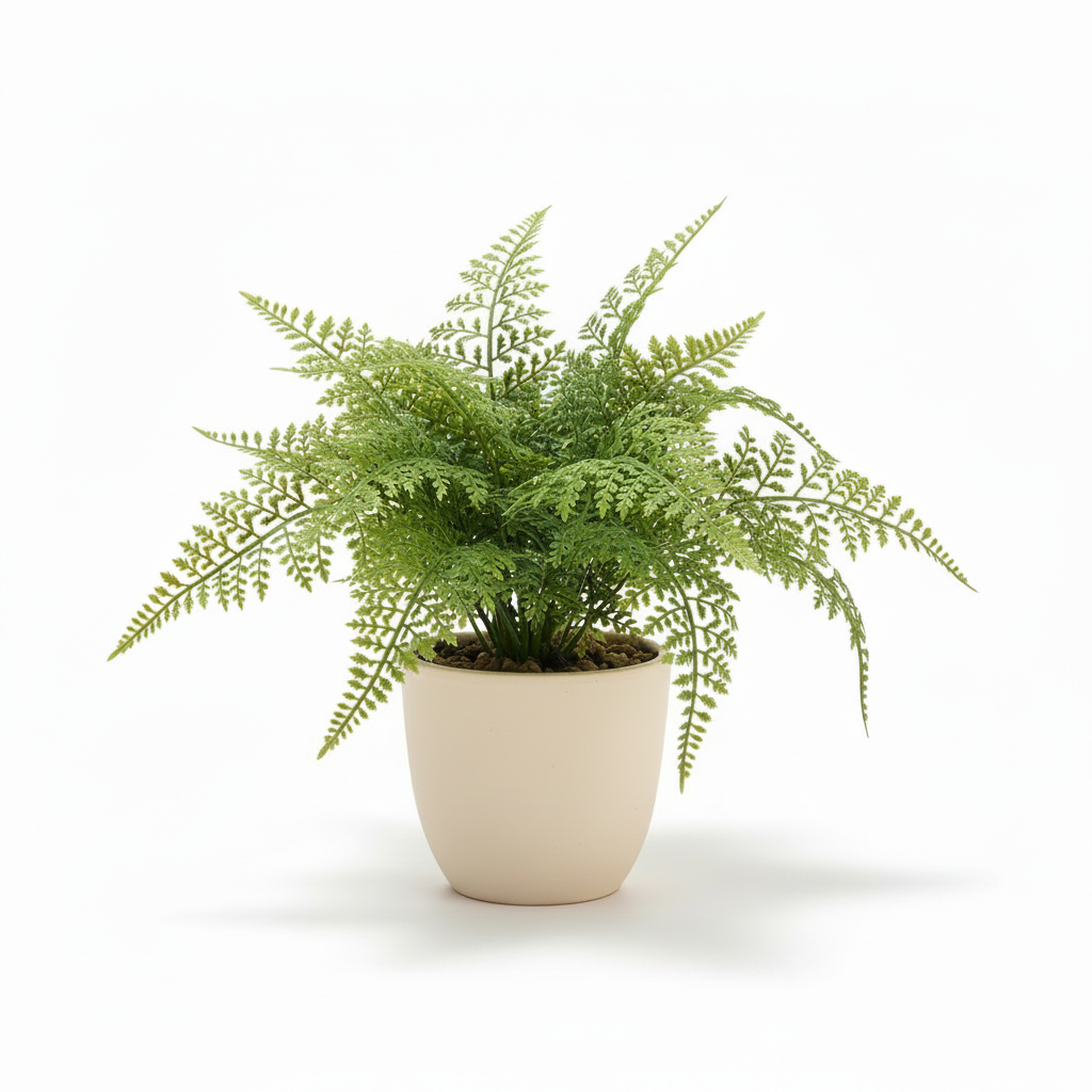 Right angle of medium artificial maidenhair fern in warm-white pot