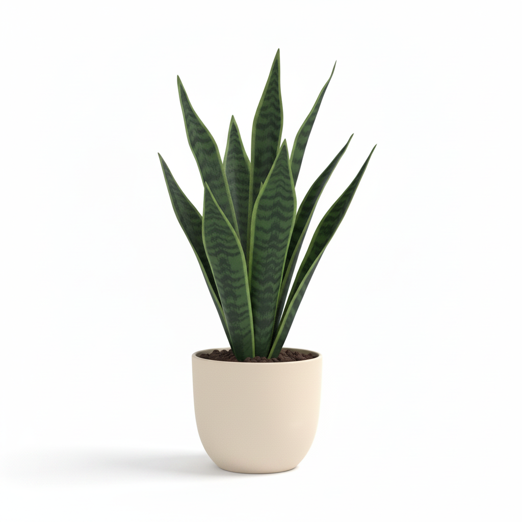 Right angle of medium artificial tabletop snake plant in warm-white pot