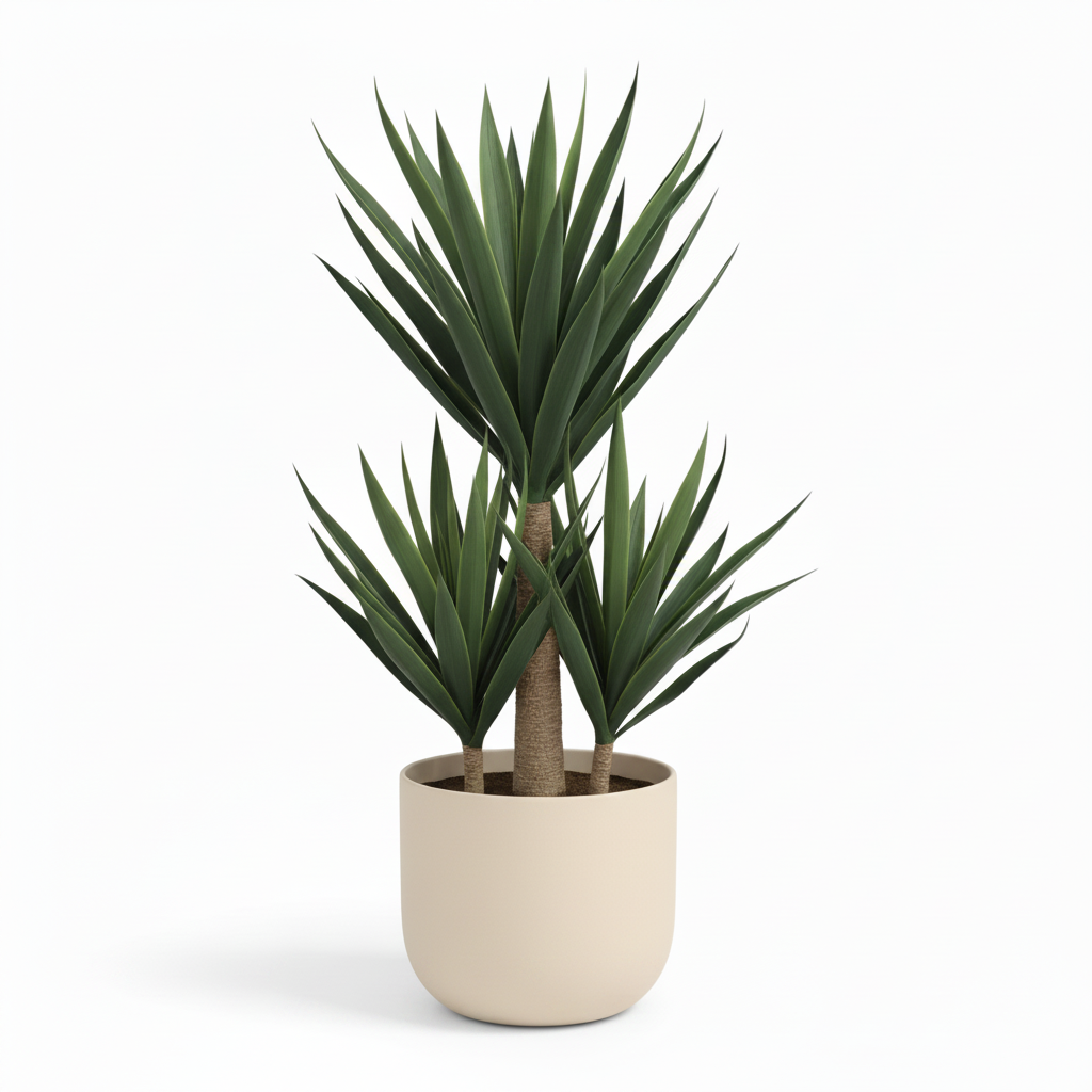 Front view of medium artificial potted yucca in warm-white planter