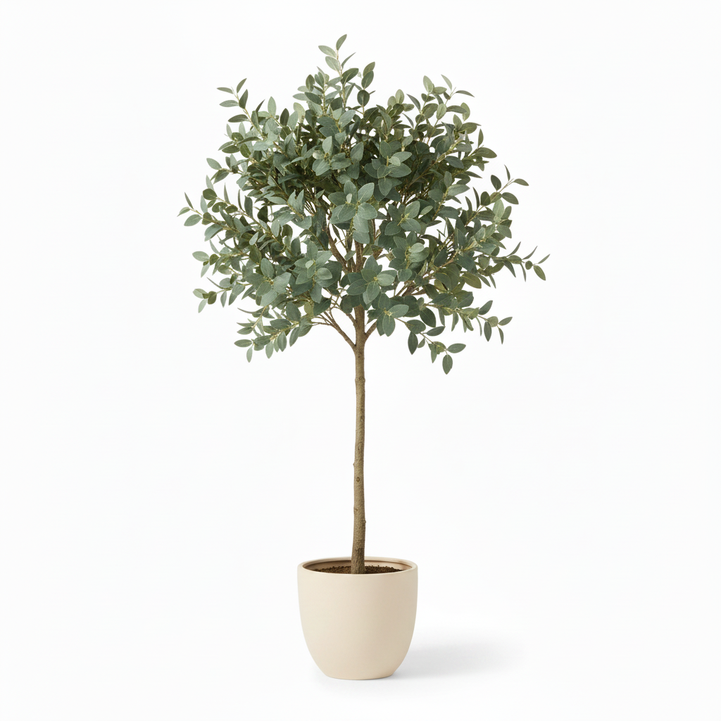Front view of medium artificial eucalyptus tree in warm-white planter