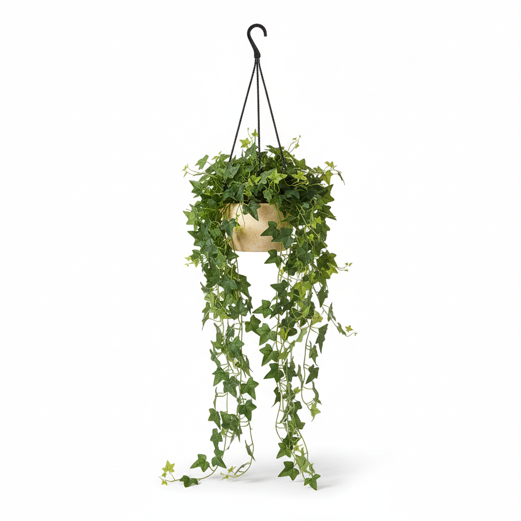 Medium artificial trailing ivy in warm-white hanging pot on white background
