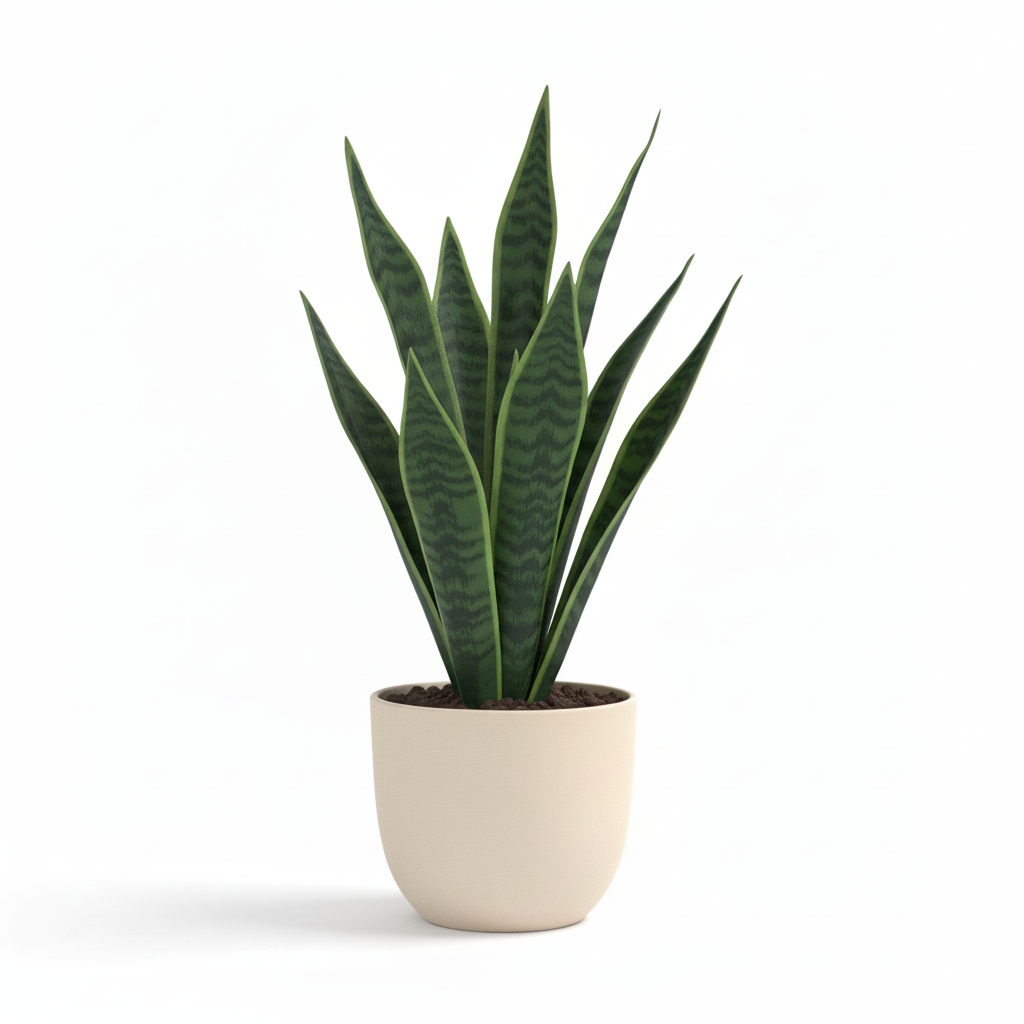 Left angle of medium artificial tabletop snake plant in warm-white pot