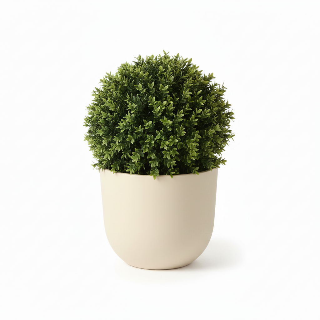 Left angle of medium artificial boxwood shrub in warm-white planter