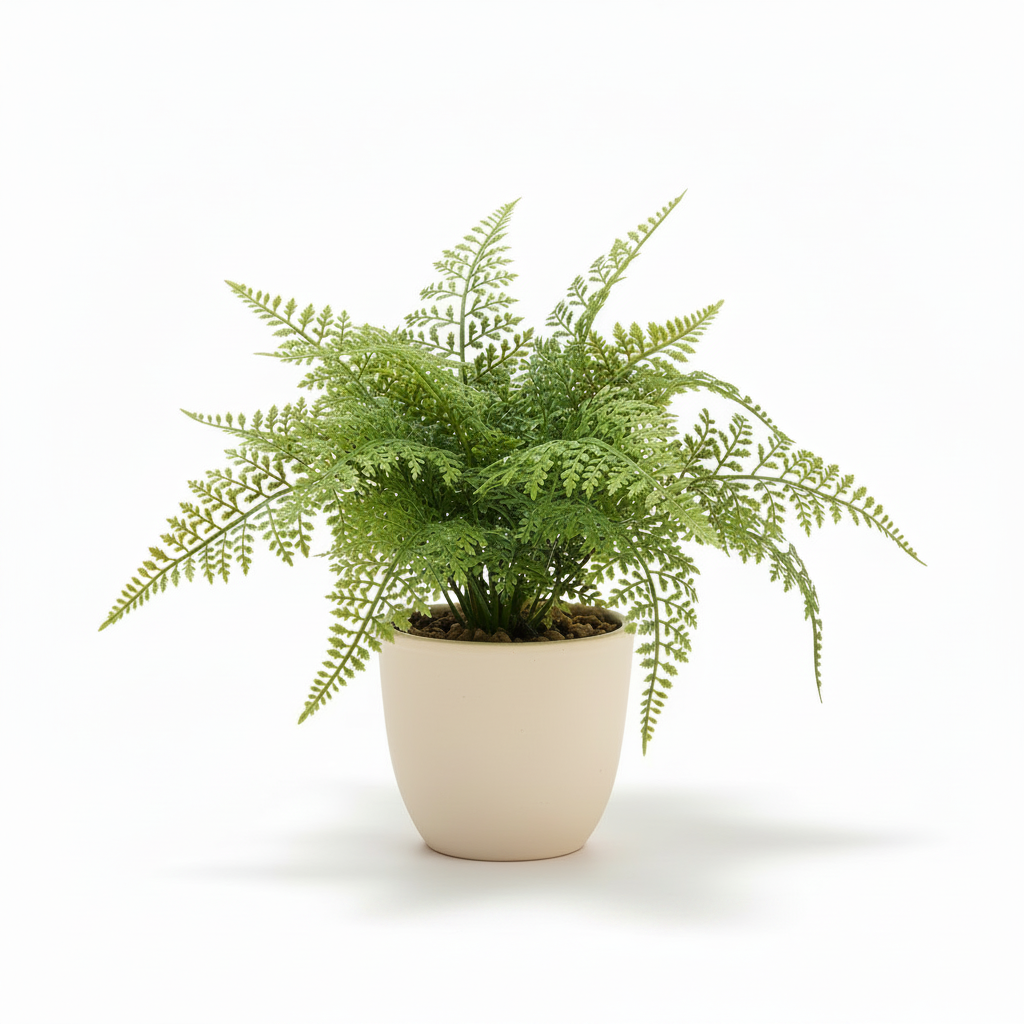 Front view of medium artificial maidenhair fern in warm-white pot