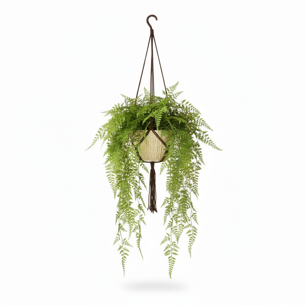Front view of medium artificial hanging fern in warm-white hanging pot