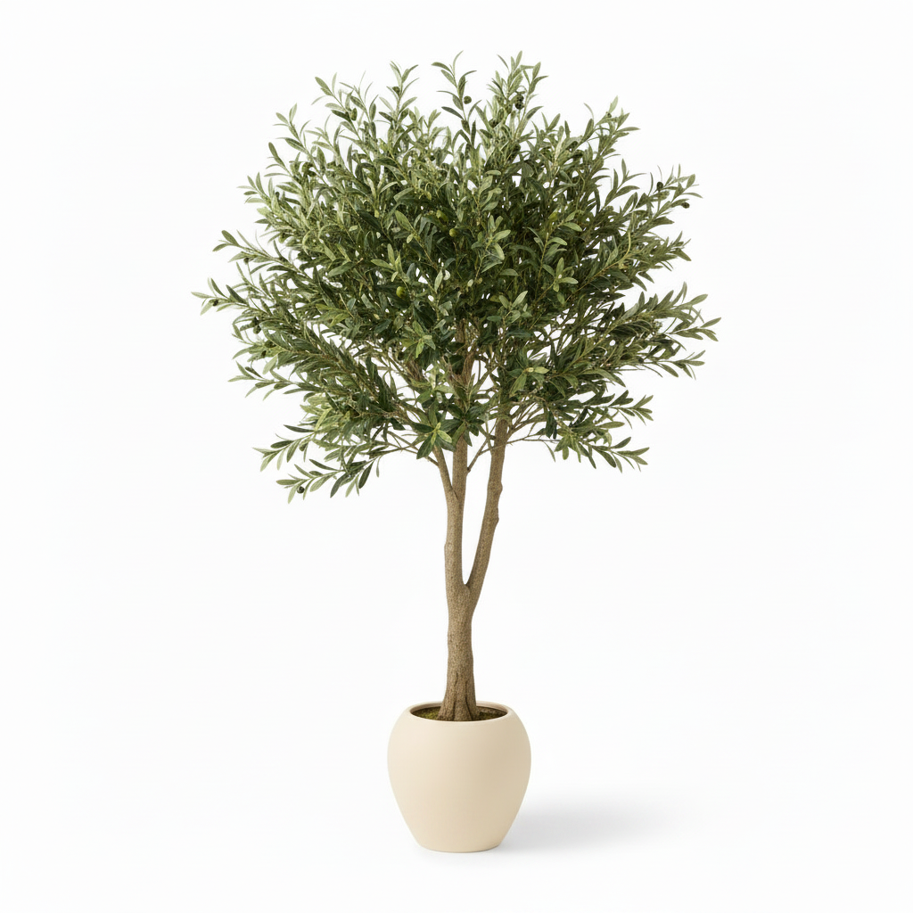 Right angle of medium artificial olive tree in warm-white planter