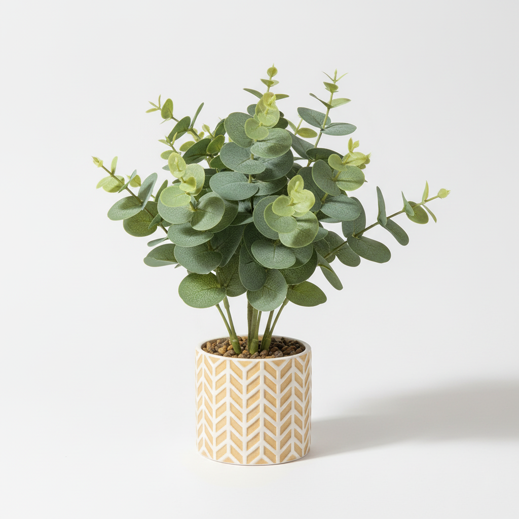 Medium artificial tabletop eucalyptus in warm-white pot on white background