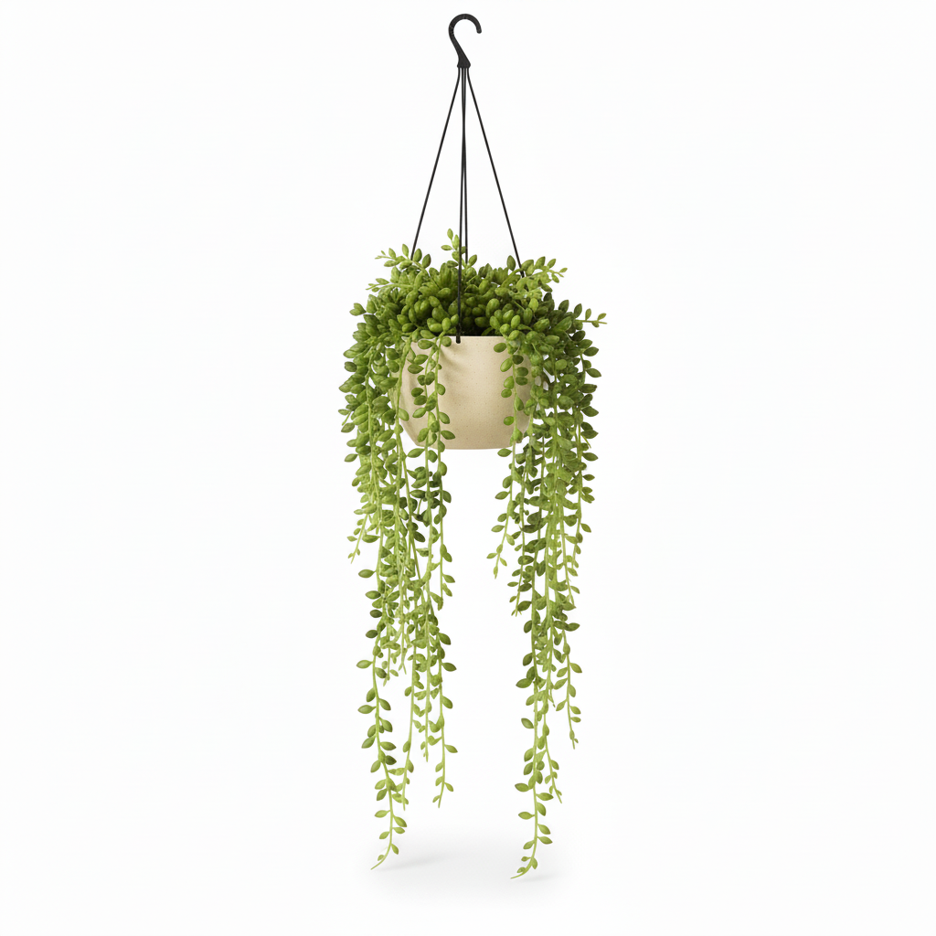 Right angle of medium artificial string of pearls in warm-white hanging pot