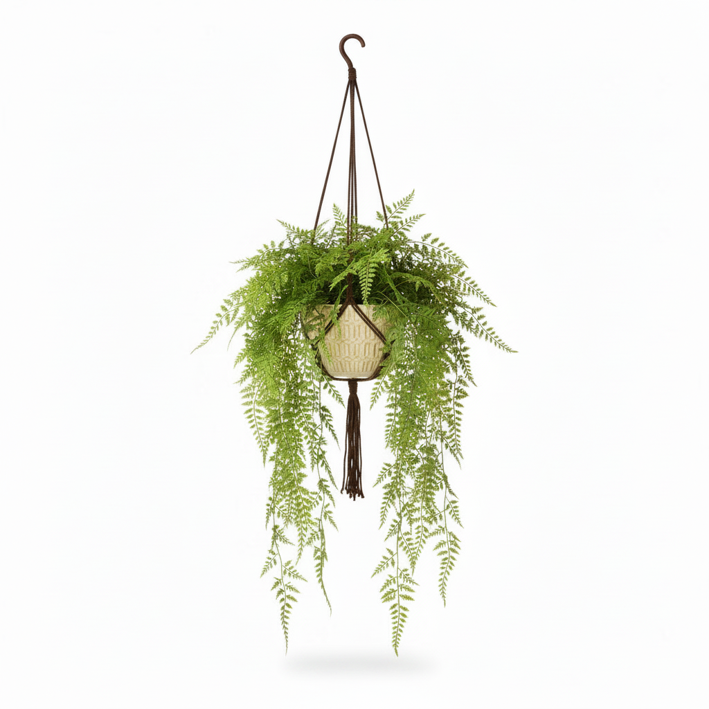Left angle of medium artificial hanging fern in warm-white hanging pot