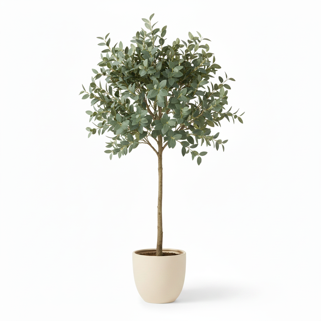 Right angle of medium artificial eucalyptus tree in warm-white planter