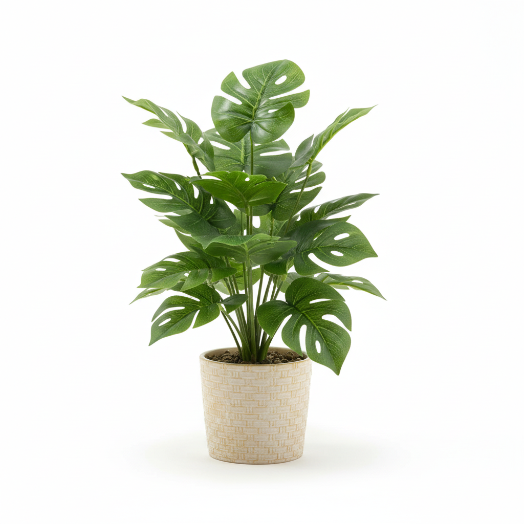 Medium artificial tabletop monstera in warm-white pot on white background