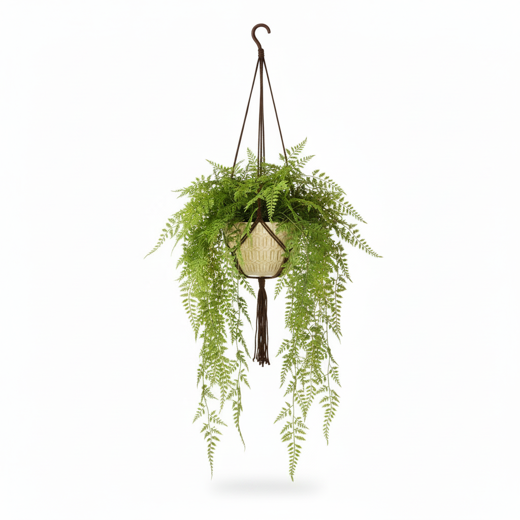 Right angle of medium artificial hanging fern in warm-white hanging pot