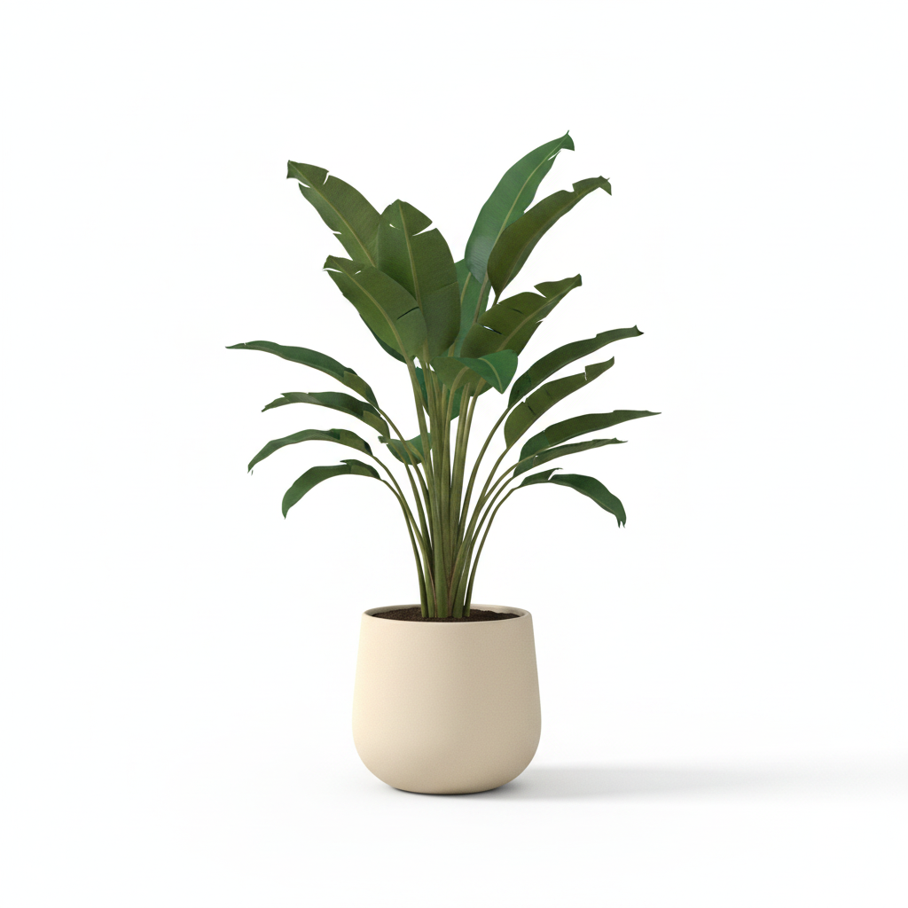 Medium artificial bird of paradise in warm-white planter on white background