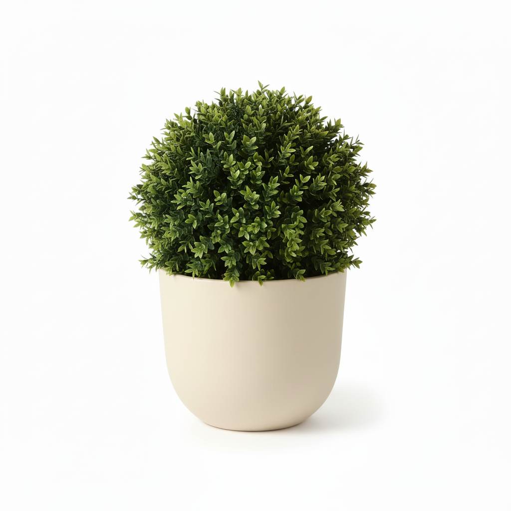 Front view of medium artificial boxwood shrub in warm-white planter