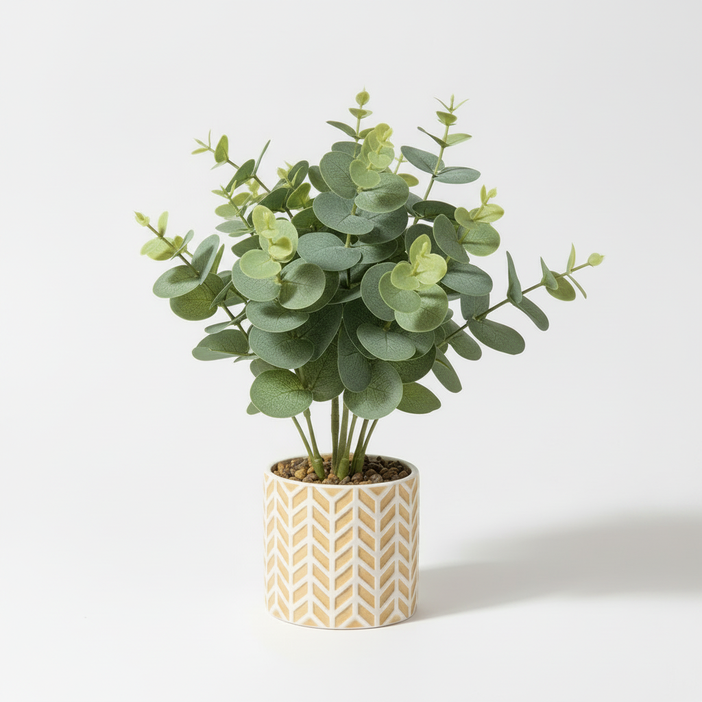 Left angle of medium artificial tabletop eucalyptus in warm-white pot