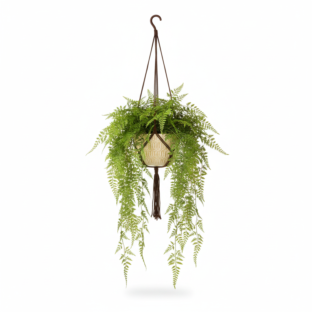 Medium artificial hanging fern in warm-white hanging pot on white background