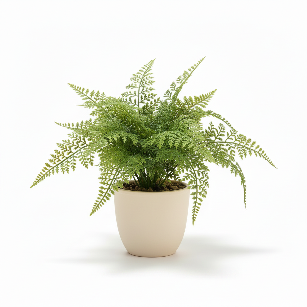 Left angle of medium artificial maidenhair fern in warm-white pot