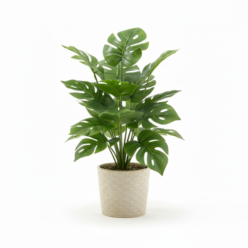 Right angle of medium artificial tabletop monstera in warm-white pot
