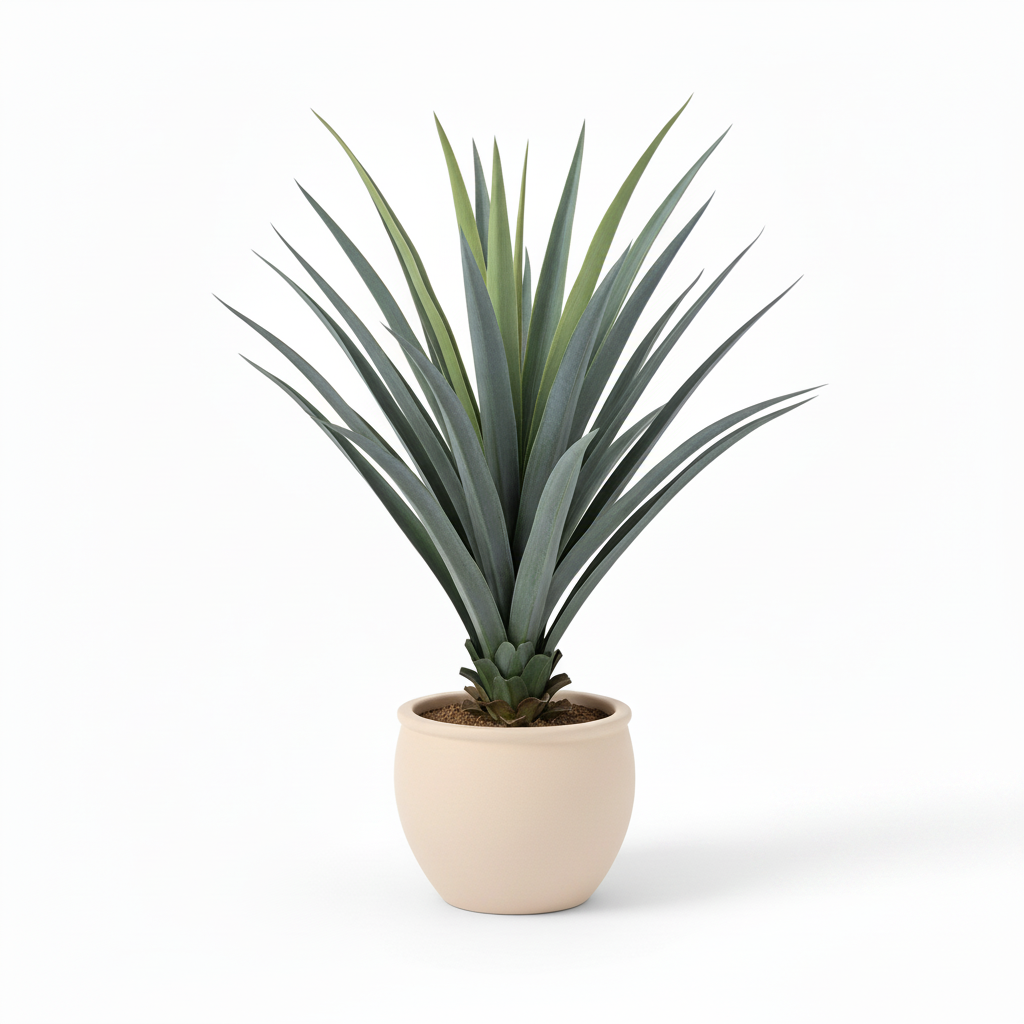 Front view of medium artificial potted agave in warm-white planter