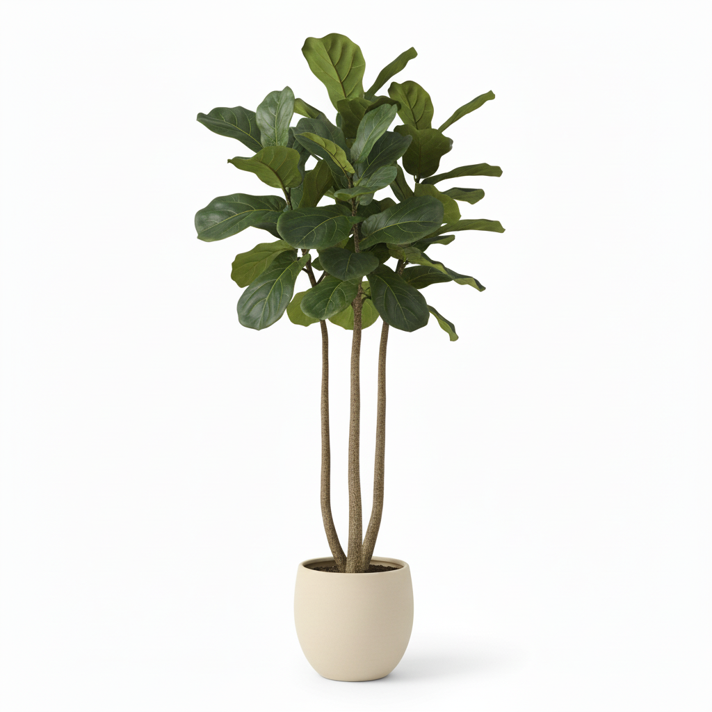 Front view of medium artificial fiddle leaf fig in warm-white planter