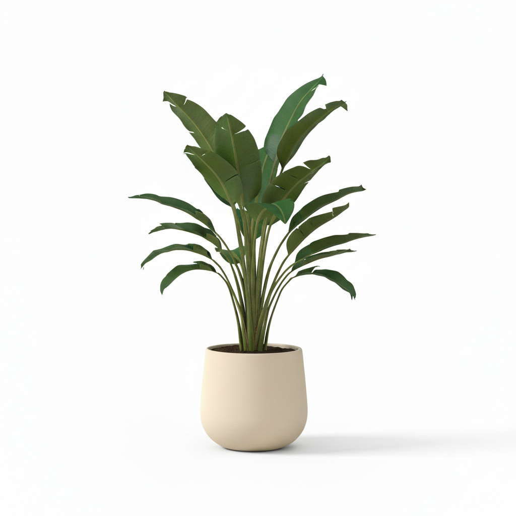 Right angle of medium artificial bird of paradise in warm-white planter