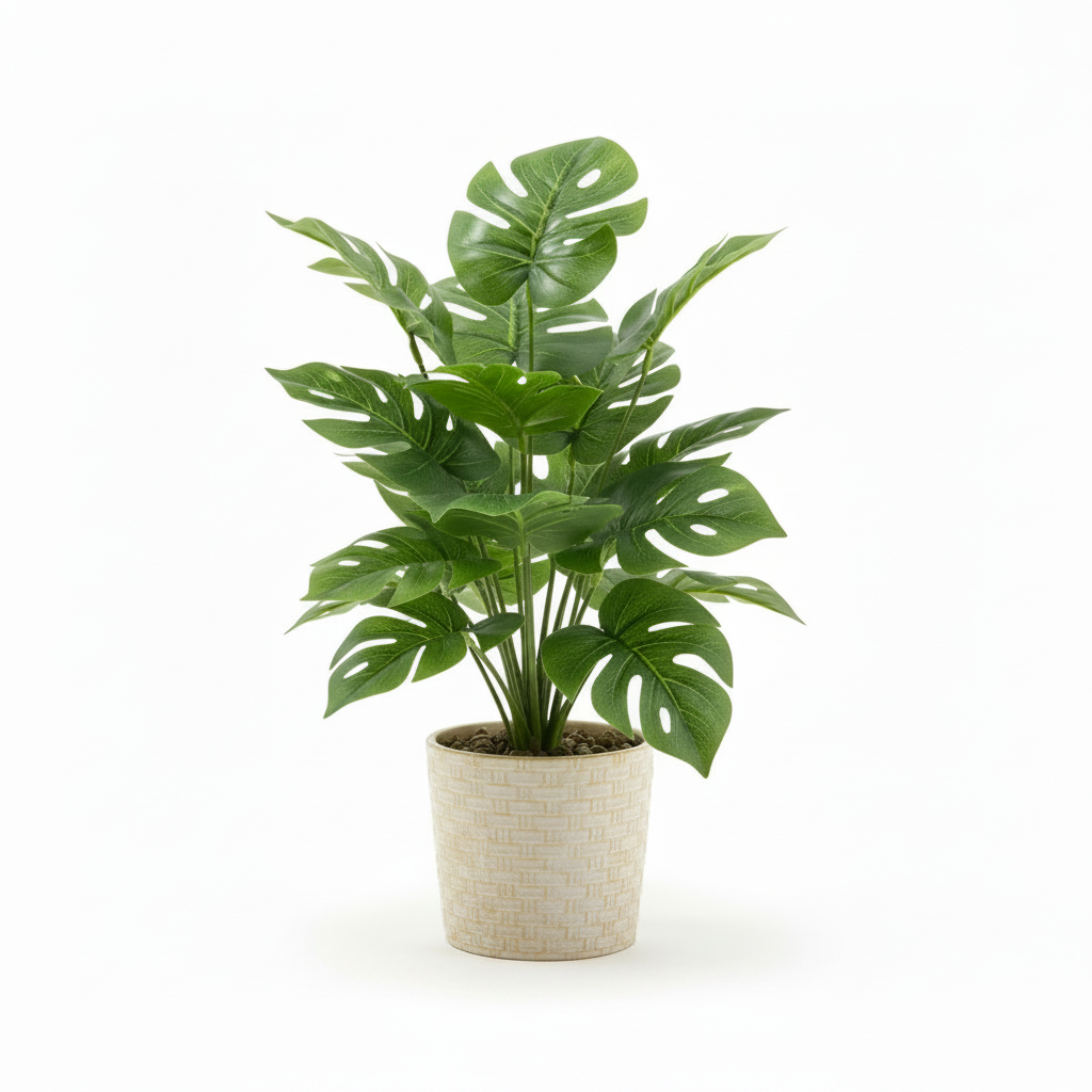 Left angle of medium artificial tabletop monstera in warm-white pot