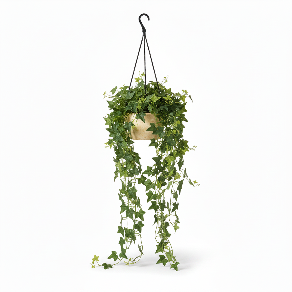 Right angle of medium artificial trailing ivy in warm-white hanging pot
