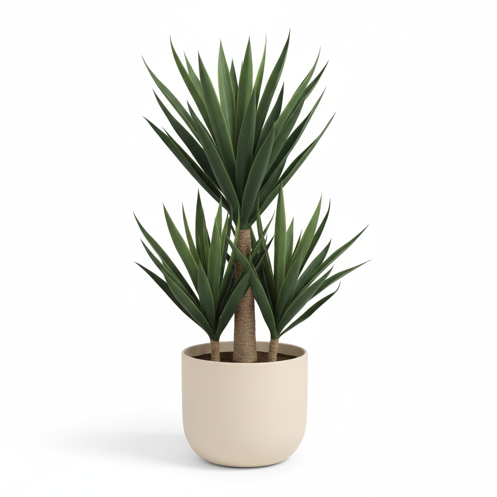 Medium artificial potted yucca in warm-white planter on white background