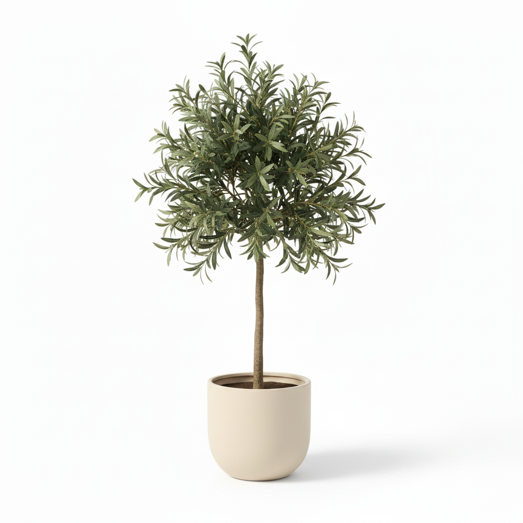 Right angle of medium artificial olive shrub in warm-white planter
