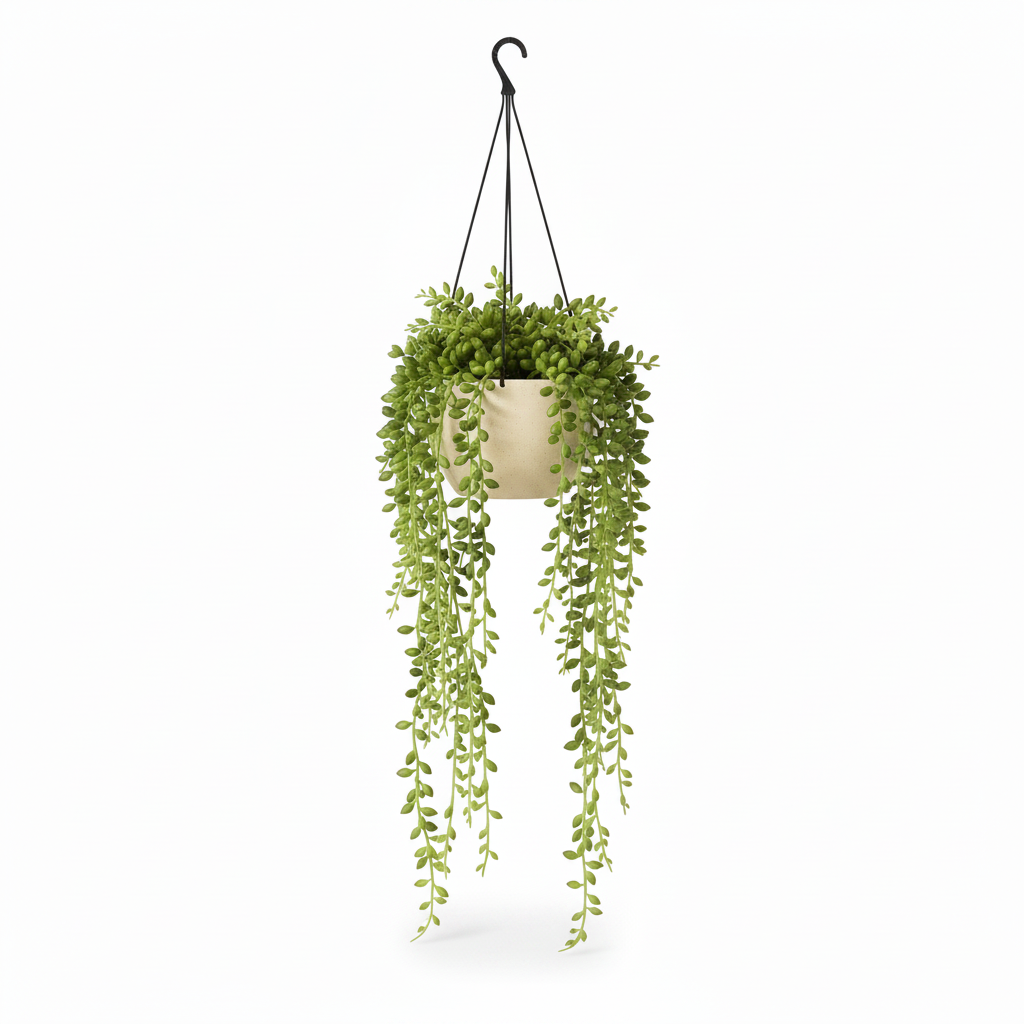Front view of medium artificial string of pearls in warm-white hanging pot