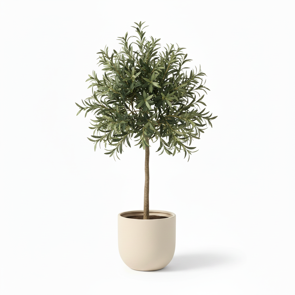 Front view of medium artificial olive shrub in warm-white planter
