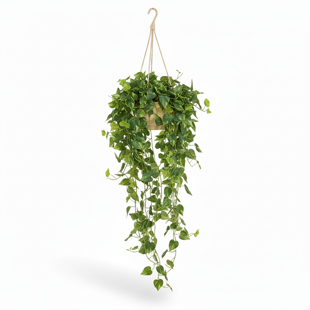 Right angle of medium artificial hanging pothos in warm-white pot