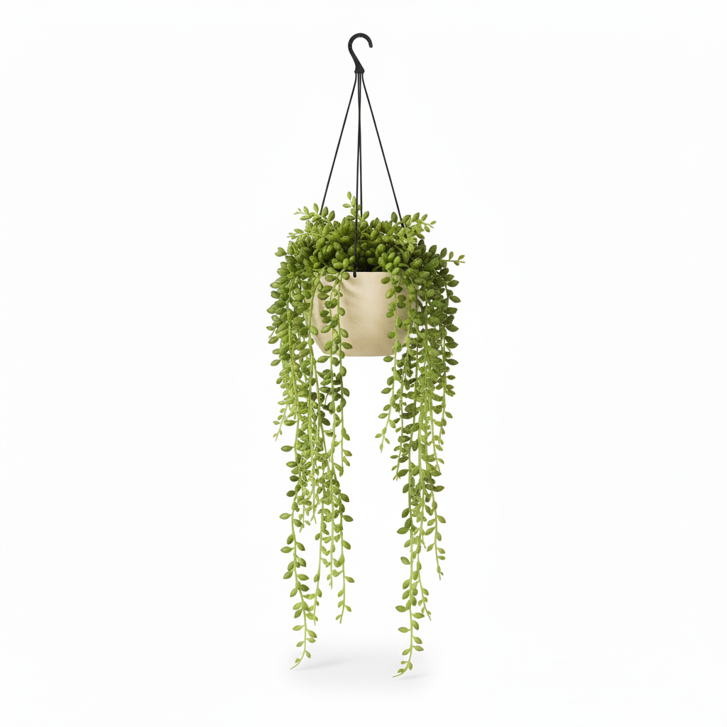 Left angle of medium artificial string of pearls in warm-white hanging pot
