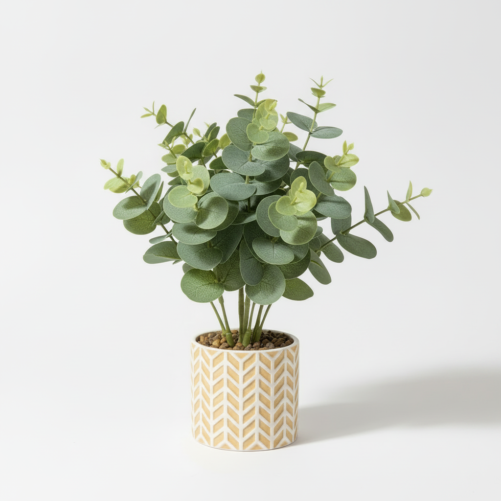 Right angle of medium artificial tabletop eucalyptus in warm-white pot