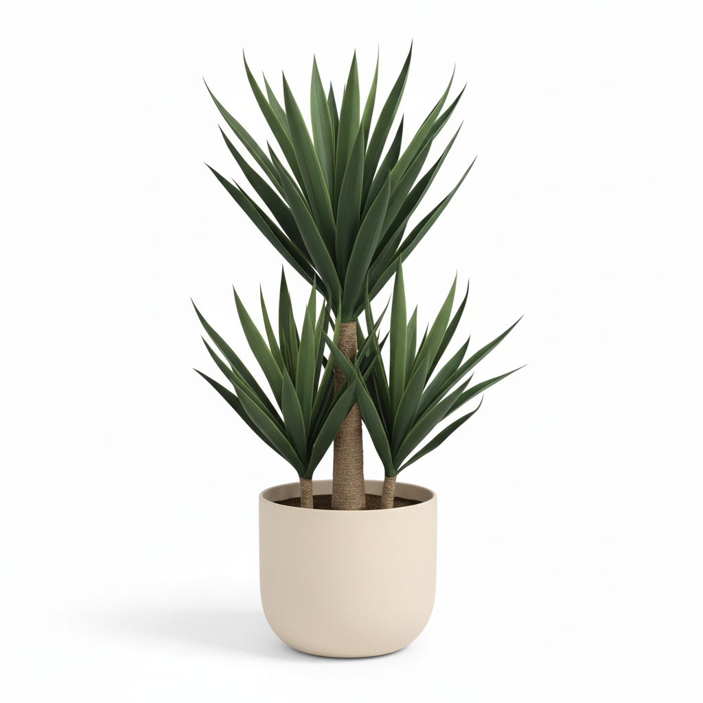 Left angle of medium artificial potted yucca in warm-white planter