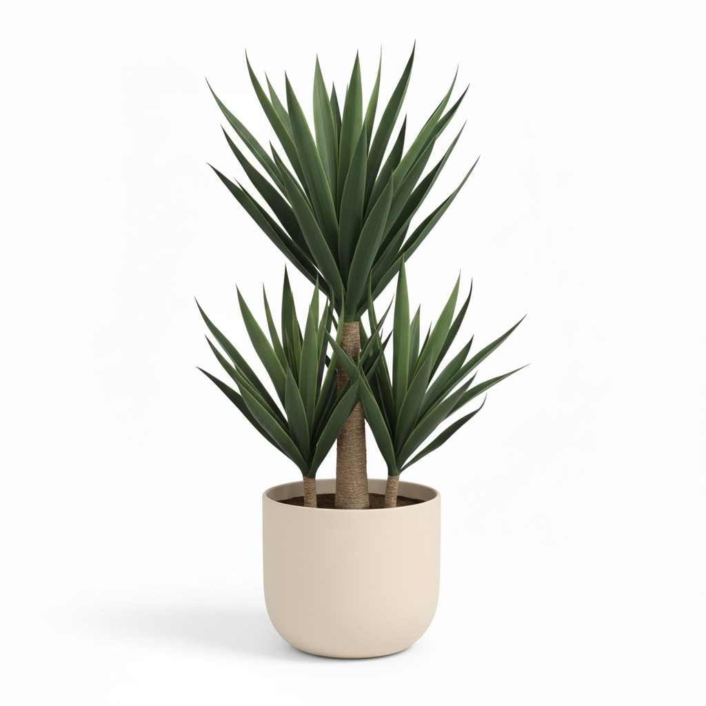 Right angle of medium artificial potted yucca in warm-white planter