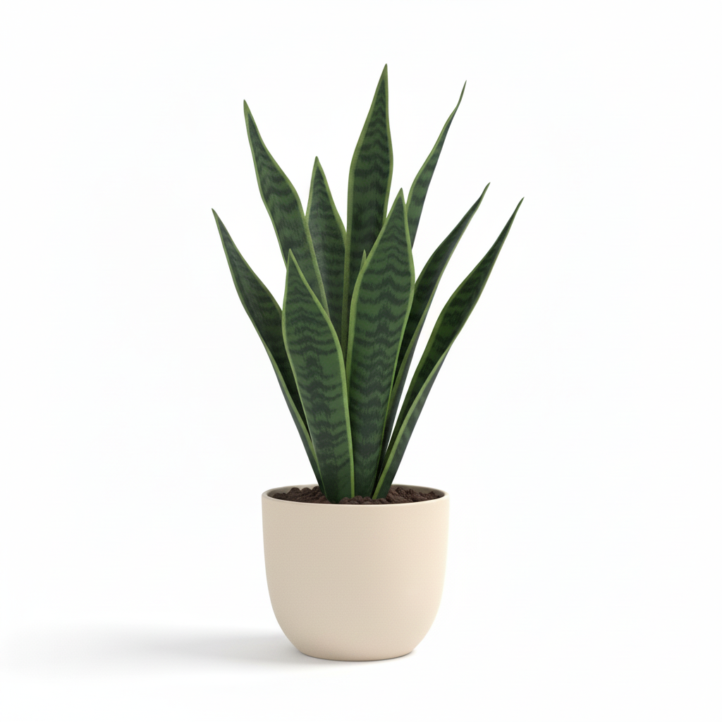 Front view of medium artificial tabletop snake plant in warm-white pot