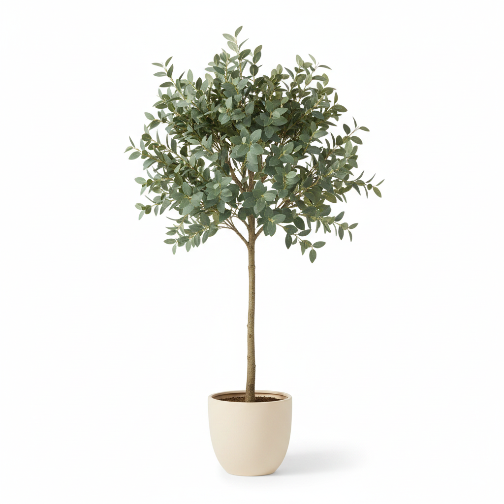 Medium artificial eucalyptus tree in warm-white planter on white background